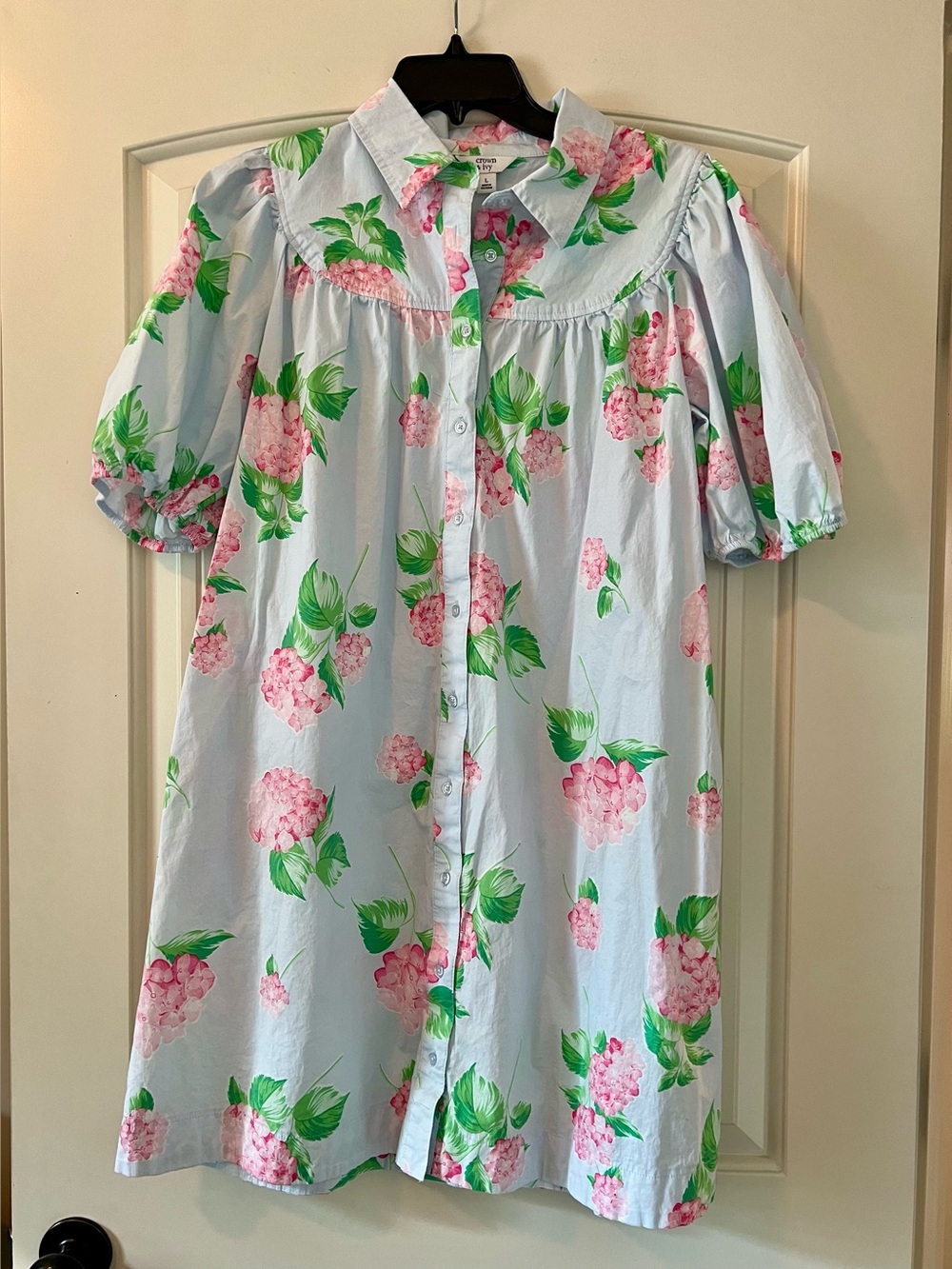 Crown & Ivy pink hydrangea floral puff sleeve pockets Shirt House dress Large